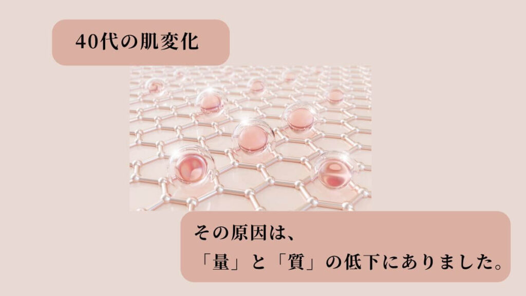 40代の目の下のたるみの原因となる、肌内部のコラーゲン繊維の質の低下を示すイラスト。