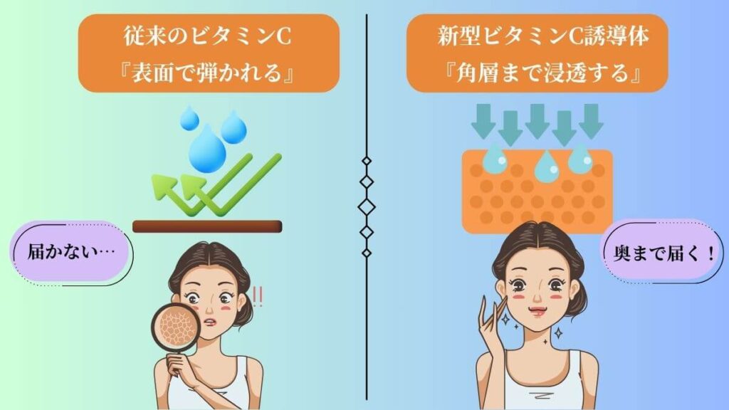 従来のビタミンCと、肌の奥まで浸透する「新型ビタミンC誘導体」の違いを示す比較図解