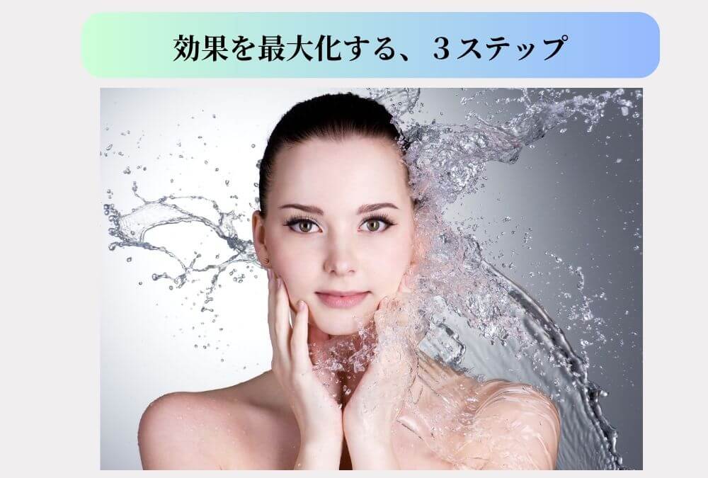 バスルームでR-FACE BFTパックを正しく使い、セルフケアを楽しむ40代女性。