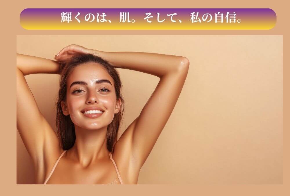 正しいオイル美容で自信に満ちたツヤ肌を手に入れた40代女性の、穏やかで幸せそうな笑顔。