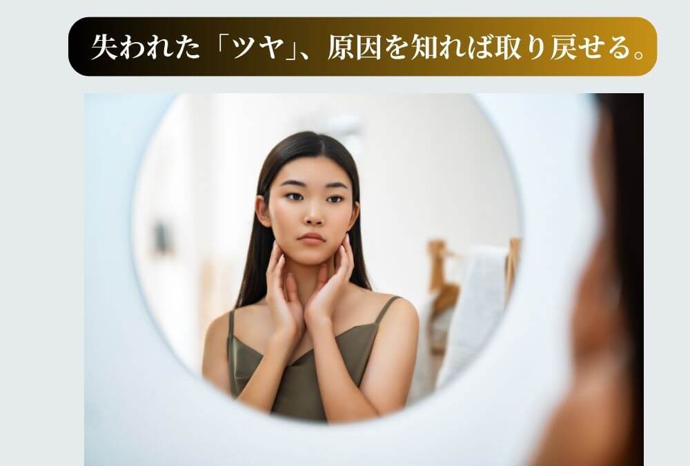 鏡を見て肌のツヤ不足に悩む40代女性