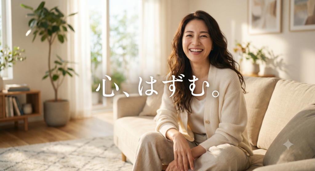 陽の光が差し込む明るいリビングルームで、ソファに座り、嬉しそうな笑顔でこちらを見つめる40代の日本人女性。彼女のロングヘアが自然に流れ、リラックスしたカーディガンを着用している。画像中央には、日本語で「心、はずむ。」というキャッチフレーズが白く表示されている。