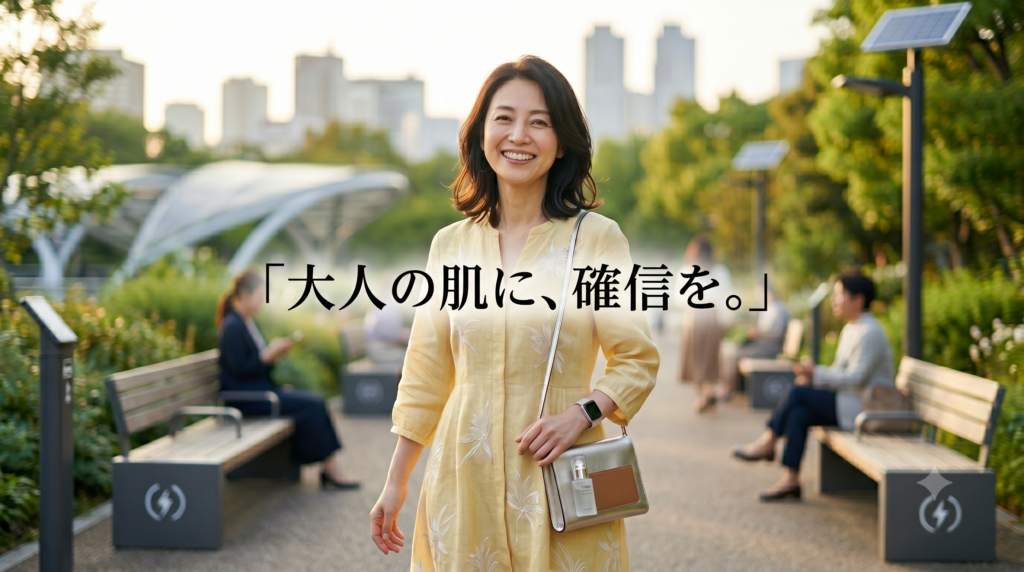 薄い黄色のワンピースを着た同じ40代の日本の女性(ペルソナ)が、2026年の洗練された公園で自信に満ちた笑顔で歩いている。画像中央に「大人の肌に、確信を。」のテキスト。