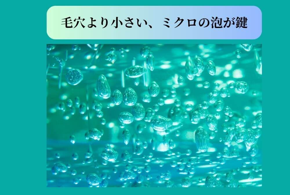 お風呂で毛穴ケアができるマイクロバブルのイメージ画像。水中の無数の細かい泡が輝いている。