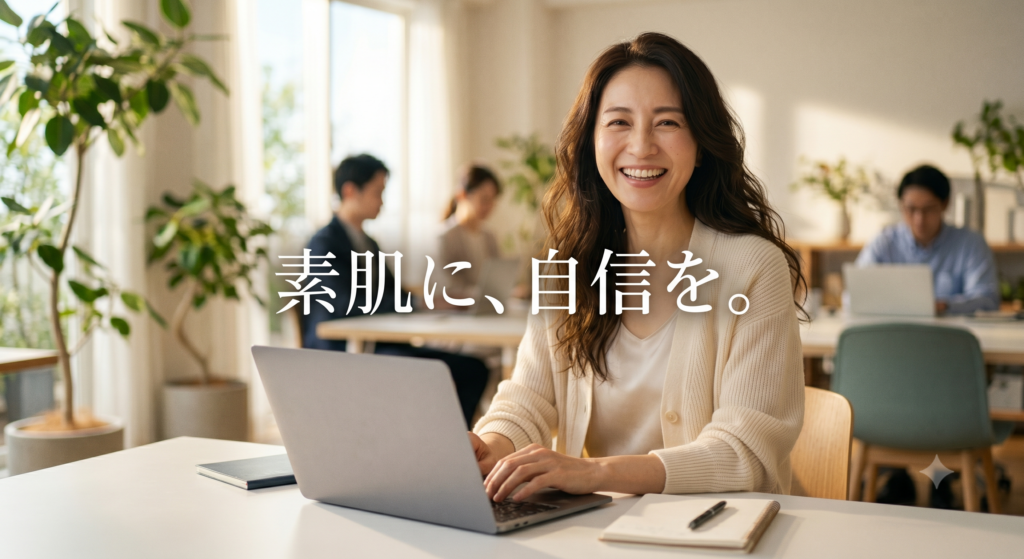陽の光が差し込む明るいオフィスで、デスクに座り、生き生きとした笑顔でカメラを見つめる40代の日本人女性。彼女の健康的で自然な素肌が強調され、リラックスしたプロフェッショナルな服装をしている。画像中央には、日本語で「素肌に、自信を。」というキャッチフレーズが白く表示されている。背景には他の社員が働いている様子が少しぼかして写っている。