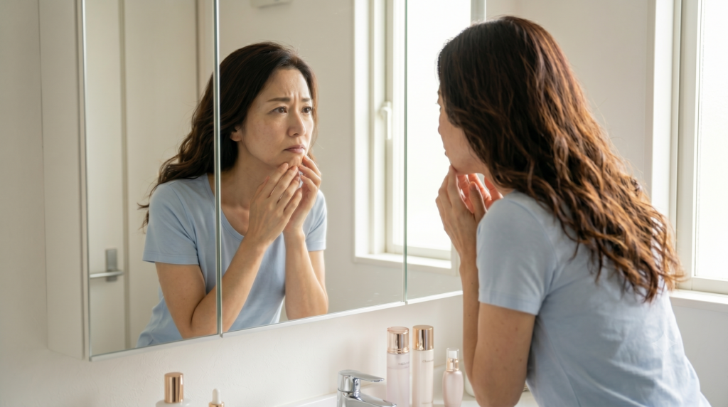 自宅の明るいバスルームで、水色のTシャツを着た40代の日本人女性(同一人物、ロングヘア)が、鏡に映る自分の素肌を見て、がっかりと落胆した表情を浮かべている。眉を寄せ、不満そうに肌を覗き込んでいる。