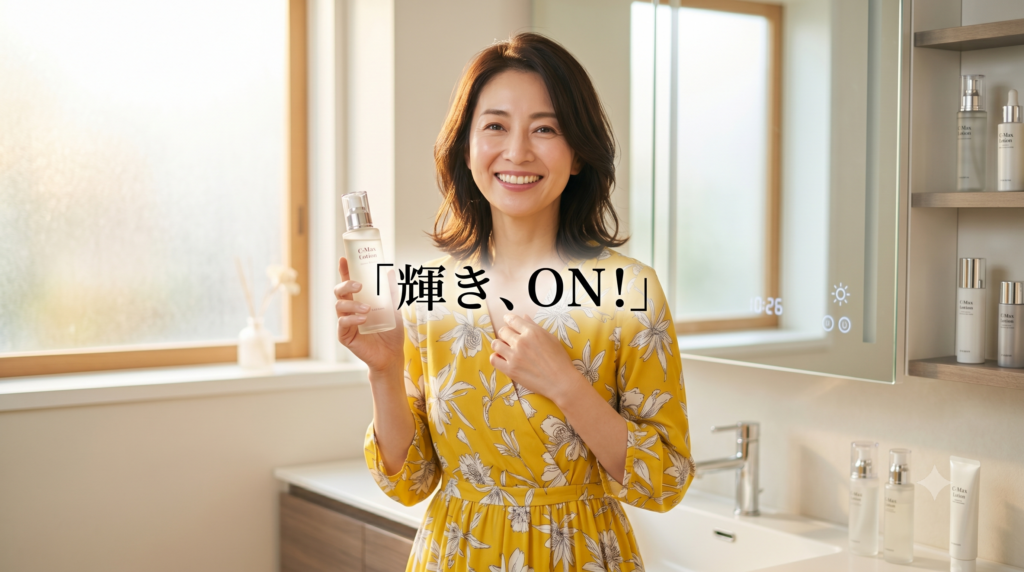 黄色い花柄のワンピースを着た笑顔の40代女性が、明るいバスルームで自信を持ってビタミンC誘導体化粧水のボトルを手にしている。画像中央に「輝き、ON!」のキャッチフレーズテキスト。