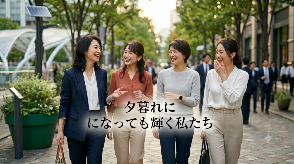 夕暮れの洗練された街を、楽しそうにおしゃべりしながら歩いている、洗練された40代の日本人女性4人。画像中央に「なるほど 夕暮れでも輝く私たち」のテキスト。