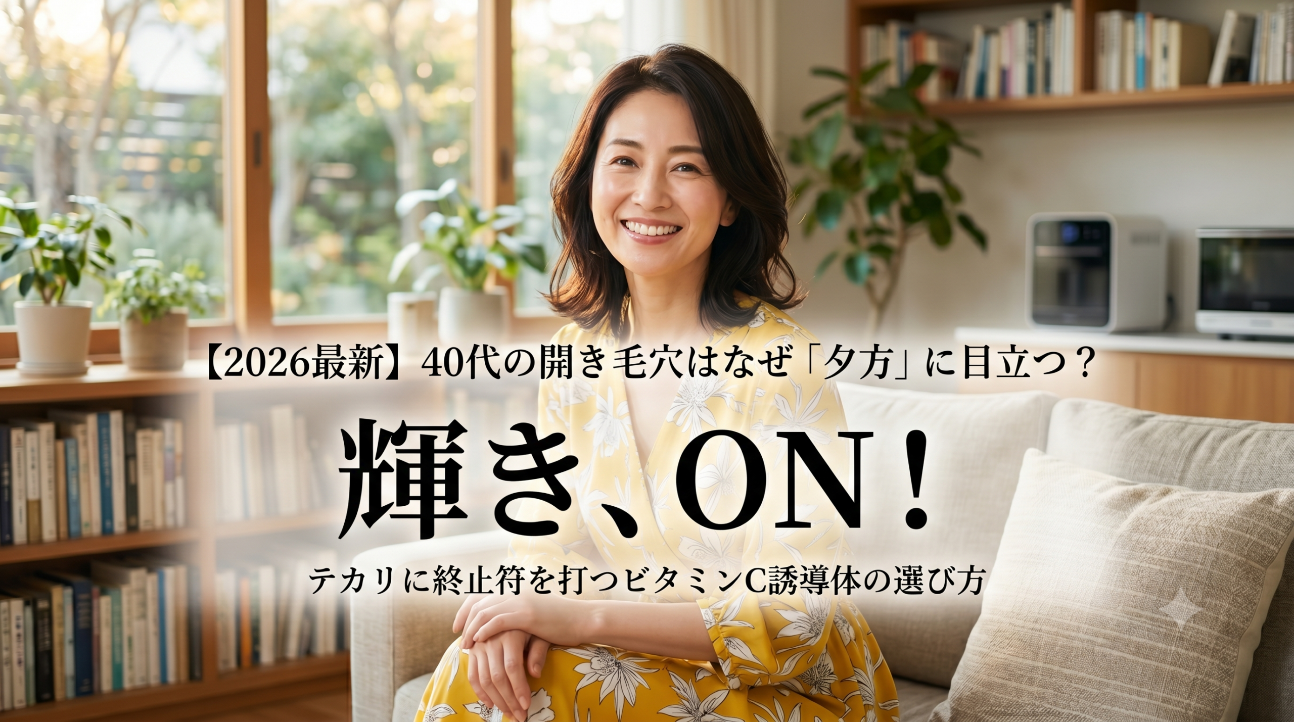 リビングルームに座る笑顔の日本の40代女性と、開き毛穴ケアに関する日本語テキスト。中央に「輝き、ON！」の短いキャッチフレーズ。
