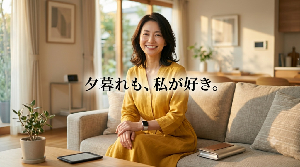 夕暮れ時のサンルーフ付きモダンリビングルームで、自信に満ちた笑顔でカメラに向かって座る40代の日本の女性(同一人物)。高品質な黄色のリネンワンピース(画像12のスタイル)を着用し、輝く肌を見せている。画像中央に「夕暮れも、私が好き。」の洗練された日本語テキスト。