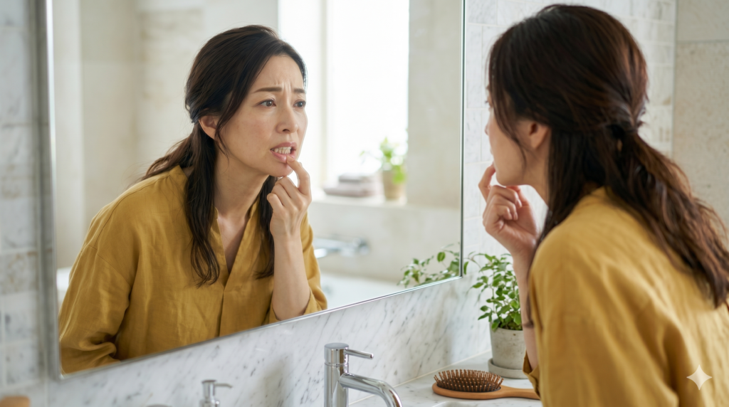 40代の女性(黄色いブラウス着用)が、自然光の入る洗面所の大きな鏡をのぞき込み、少し暗い表情で自分の歯の黄ばみを確認しながら悩んでいる様子を捉えた写真。アイキャッチ画像の女性とは異なる、落ち着いた印象。