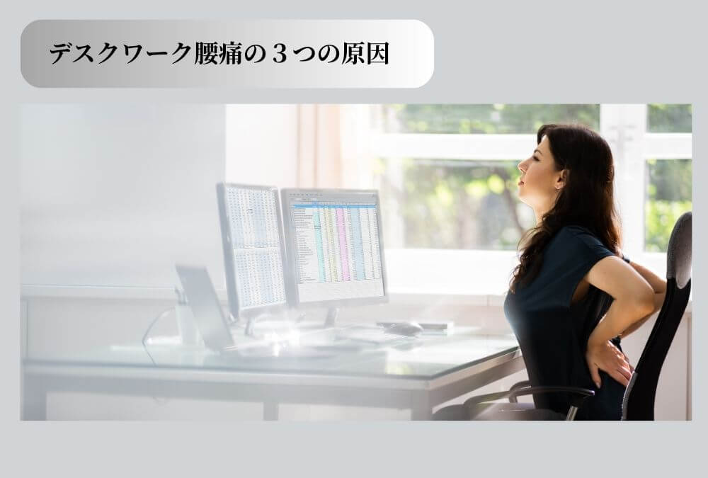 40代女性のデスクワーク腰痛の根本原因（筋肉の緊張・骨盤の歪み・支える 力の低下）を示すイラスト