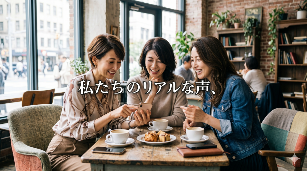 三人の40代女性がカフェに座り、一台のスマートフォンを覗き込みながら仲よさそうにおしゃべりしている様子（中央に「私たちのリアルな声」の文字）