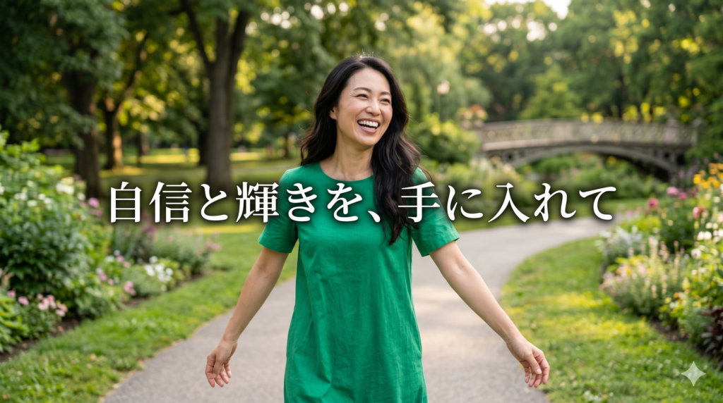 爽やかな緑の半袖ワンピースを着て、公園を幸せそうに歩くロングヘアの40代女性（中央に「自信と輝きを、手に入れて」の文字）