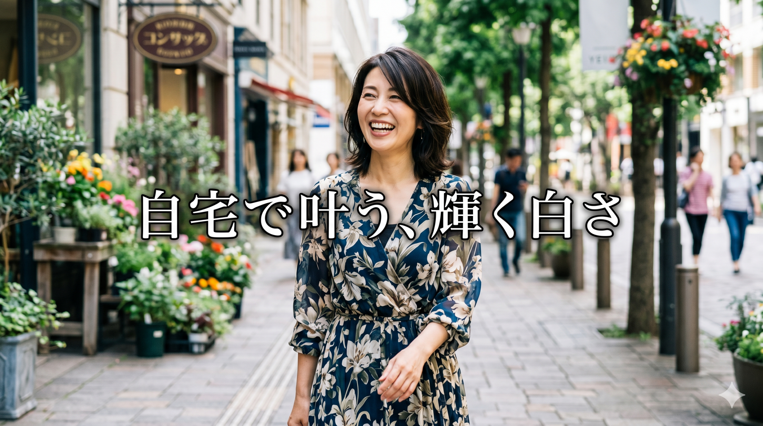 花柄のワンピースを着て、街中で綺麗な白い歯を見せて明るく笑う40代の女性（中央に「自宅で叶う、輝く白さ」の文字）