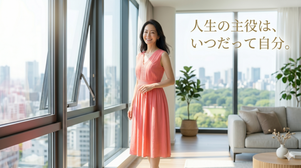 1日5分の自宅フィットネスを習慣にし、心身が信じられないほど軽くなった、非常にリフレッシュして輝く美しくエレガントな40代の日本人女性。太陽の光が降り注ぐ、ラグジュアリーでモダンな部屋の大きな窓辺に立ち、上質でスタイリッシュな明るい日常のドレスを着て、自信に満ちた輝く幸せの笑顔で前を向いている。「人生の主役は、いつだって自分。」という日本語明朝体テキストが追加されている。