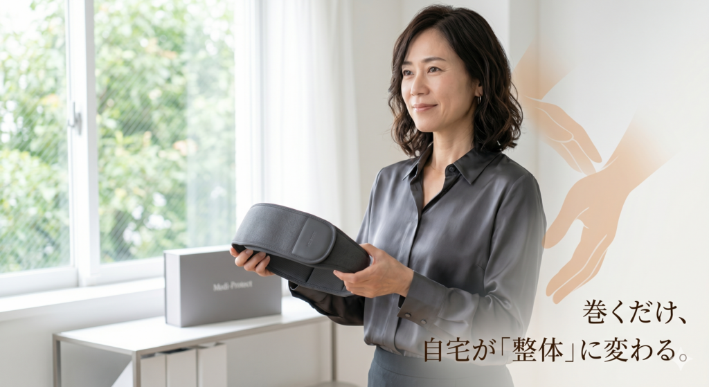 明るいホームオフィスで、洗練された「メディテクト腰ベルト」を手に取り、嬉しそうに見つめる40代女性。凛とした立ち姿と自信に満ちた表情。