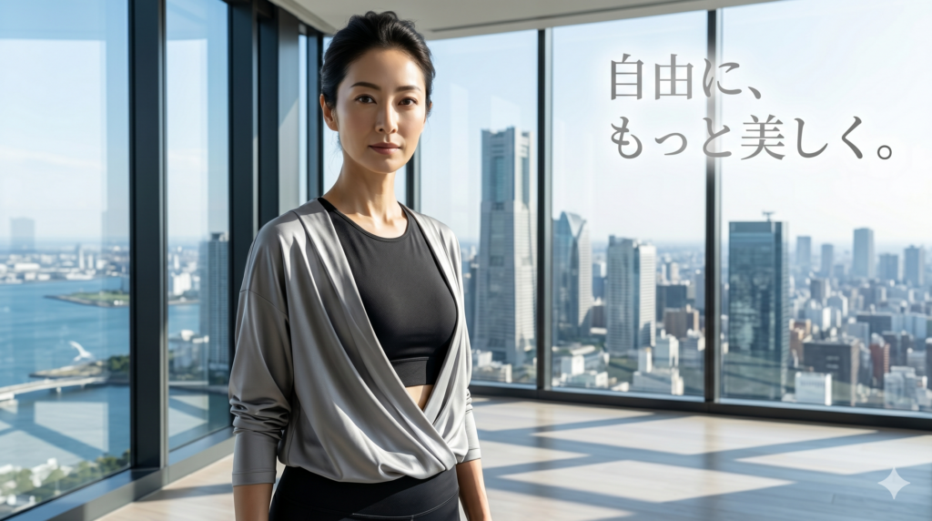 シャープで美しい顔立ちの新しいモデルを起用。エレガントで自信に満ちたスタイリッシュな40代の日本人女性が、ハイエンドなワークアウトウェアを着て、息を呑むような街並みと海の景色が広がるラグジュアリーでモダンな空間に立っている。鮮明でドラマチックな照明が彼女の自立を際立たせる。余白に高級女性誌のような日本語テキスト「自由に、もっと美しく。」が追加されている。