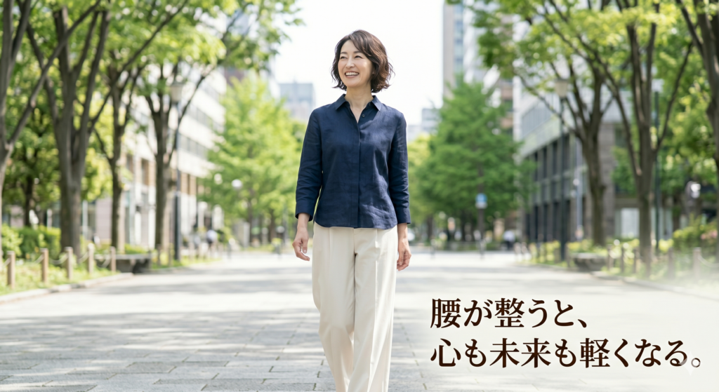 晴れた日の美しい都市公園を、凛とした正しい姿勢で、のびのびと歩く40代日本人女性。自信に満ちた笑顔で、腰が整ったことによる心身の軽やかさを表現。