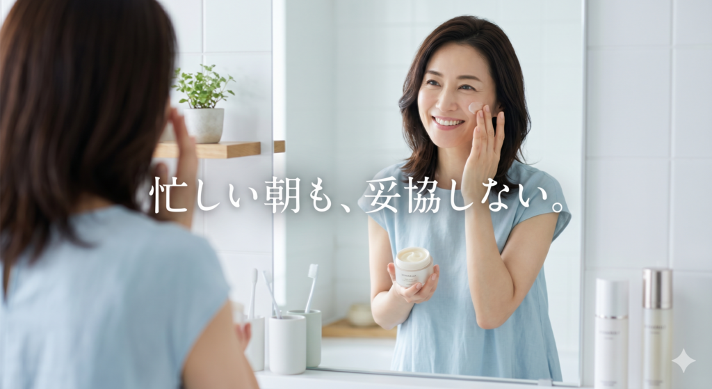 鏡の前で薄いブルー色のワンピースを着ている40代女性。オールインワンジェルの容器を手に持ち、頬に触れて嬉しそうな表情をしている。清潔感のある優しい朝の光が差し込んでいる。中央に「忙しい朝も、妥協しない。」という文字が入っている。