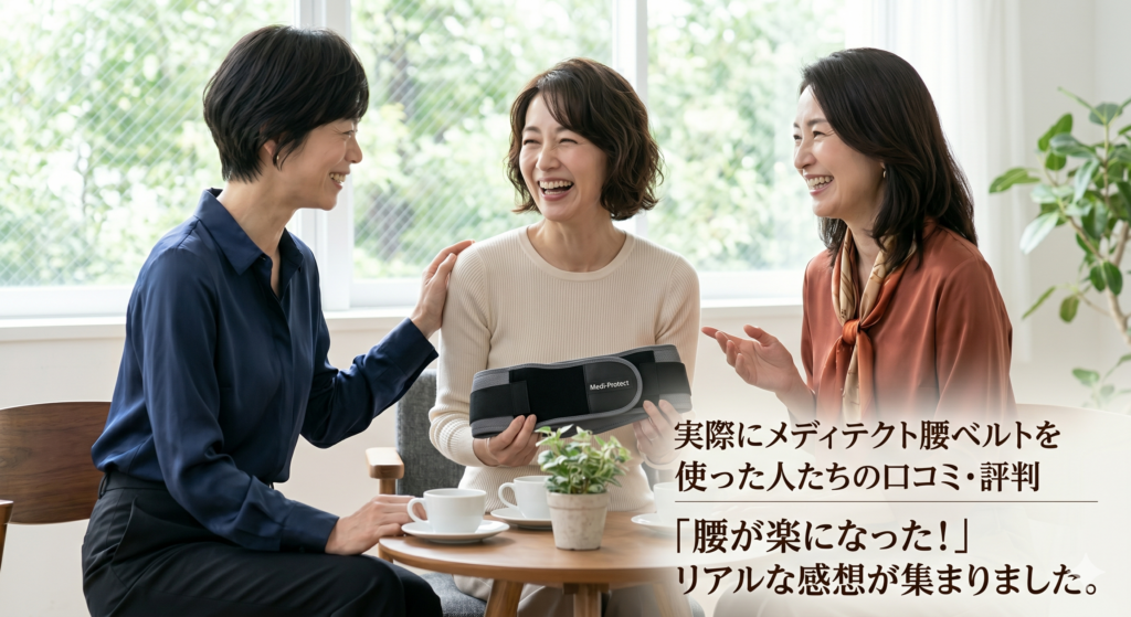 洗練されたコミュニティラウンジで、笑顔で語り合う異なるタイプの40代日本人女性3人。中央の女性が「メディテクト腰ベルト」を手に取り、そのホールド感や美姿勢効果についてリアルな感想を共有している、 joyful な雰囲気。
