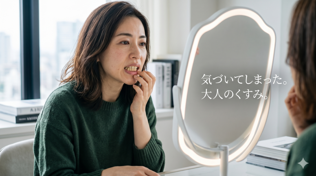 都会のモダンなドレッサーの前で、鏡を見ながらふと自分の歯のくすみに気づいて眉を寄せる、ネイビーのニットを着た40代の日本人女性。鏡には『気づいてしまった。大人のくすみ。』という白いテキストが浮かんでいる。