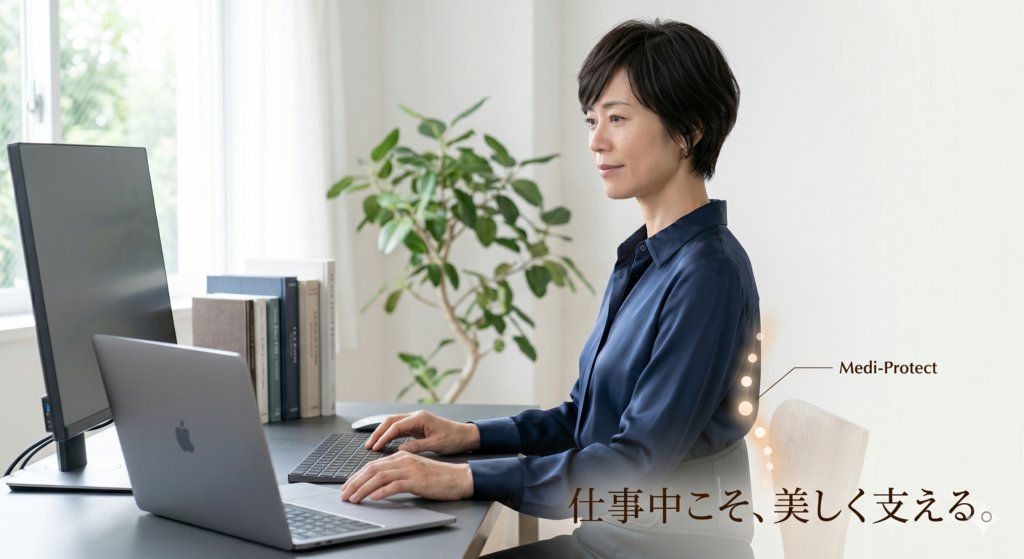 洗練されたホームオフィスで、服の上からさりげなく「メディテクト腰ベルト」を着用してデスクワークをする40代女性。凛とした、努力感のない「美姿勢」で、集中してPCに向かっている。