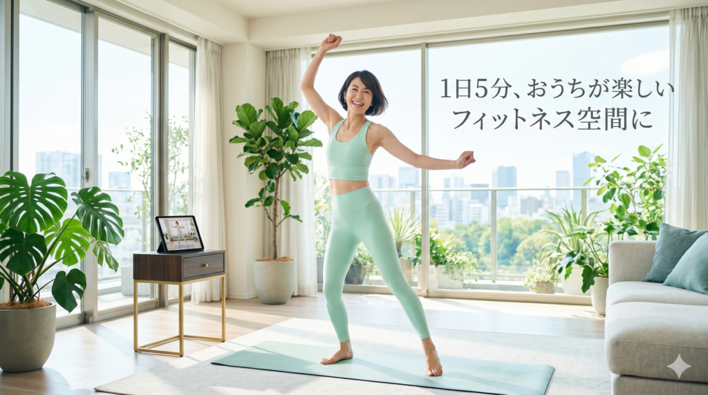 40代の日本人女性。スタイリッシュなショートボブで、鮮やかなパステルミントグリーンの高級ワークアウトウェアを着ている。大きな窓と青々とした観葉植物がある、日当たりの良い広々とした部屋(リゾート風)のヨガマットの上で、楽しくダイナミックな有酸素運動のポーズをとる全身ショット。明るく笑いながら、5分間のオンラインフィットネスを心から楽しんでいる。傍らにタブレットが設置されている。余白に高級ライフスタイル誌のような日本語テキスト「1日5分、おうちが楽しいフィットネス空間に」が追加されている。