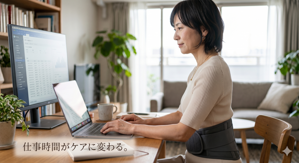 洗練されたホームオフィスで、薄手のランバーサポートベルトを着用してデスクワークをする40代女性。自然と胸が開き、凛とした美姿勢で自信に満ちた表情。