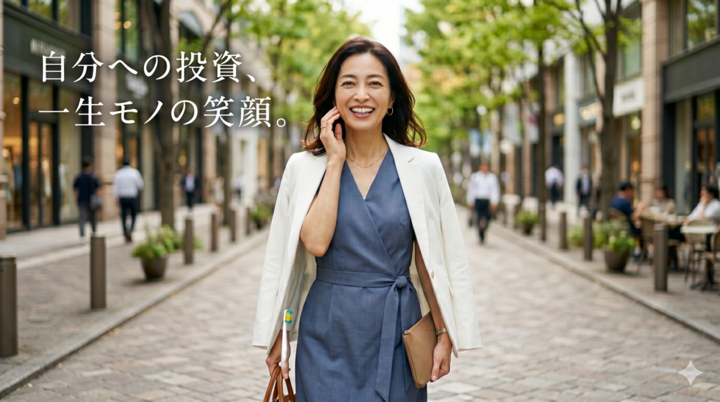 「自分への投資、一生モノの笑顔。」という白い文字が入った画像。ネイビーブルーの上品なワンピースに白いジャケットを羽織った40代の美しい働く女性(これまでとは異なる女性)が、洗練されたオフィス街の街並みを、白い歯を輝かせて自信に満ちた笑顔でこちらに向かって歩いている写真。