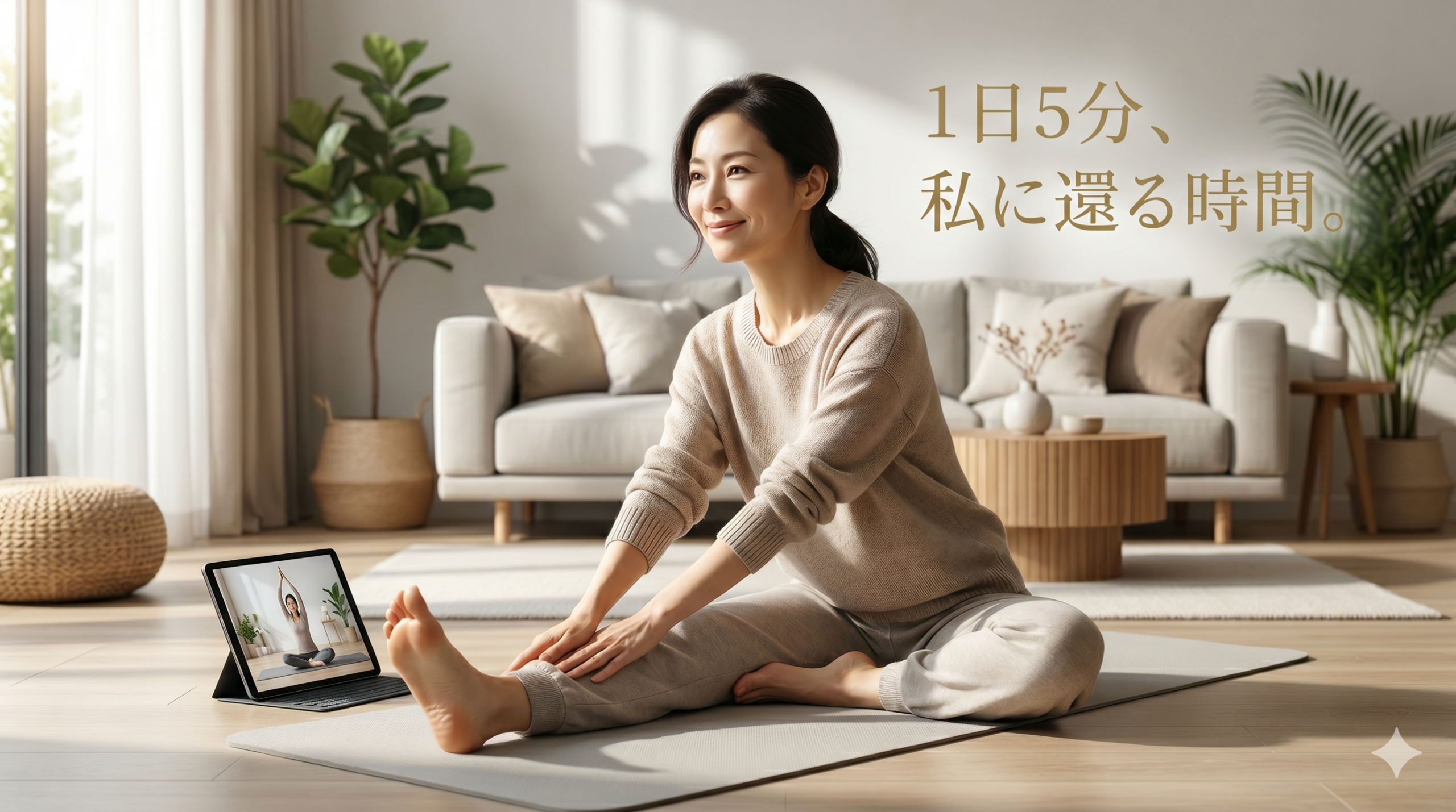 自宅のリビングで朝日に包まれながらストレッチをするエレガントな40代日本人女性のアイキャッチ画像。画像の余白に「1日5分、私に還る時間。」というエレガントな日本語明朝体テキストが追加されている。傍らのタブレットはオンラインフィットネスを暗示。