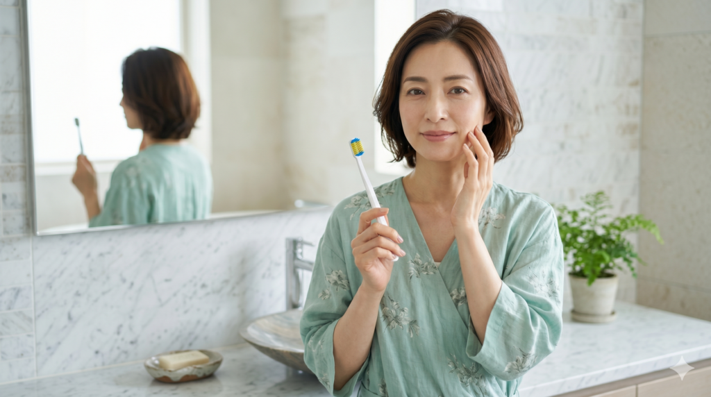 薄いグリーンの爽やかなワンピースを着た40代の美しい女性(image_10.pngとは異なる女性)が、洗面所でスイス発のプレミアム歯ブラシ「クラプロックス(CURAPROX CS5460)」を愛おしそうに手に持ち、これから正しいケアを始める前向きな表情で見つめている様子。