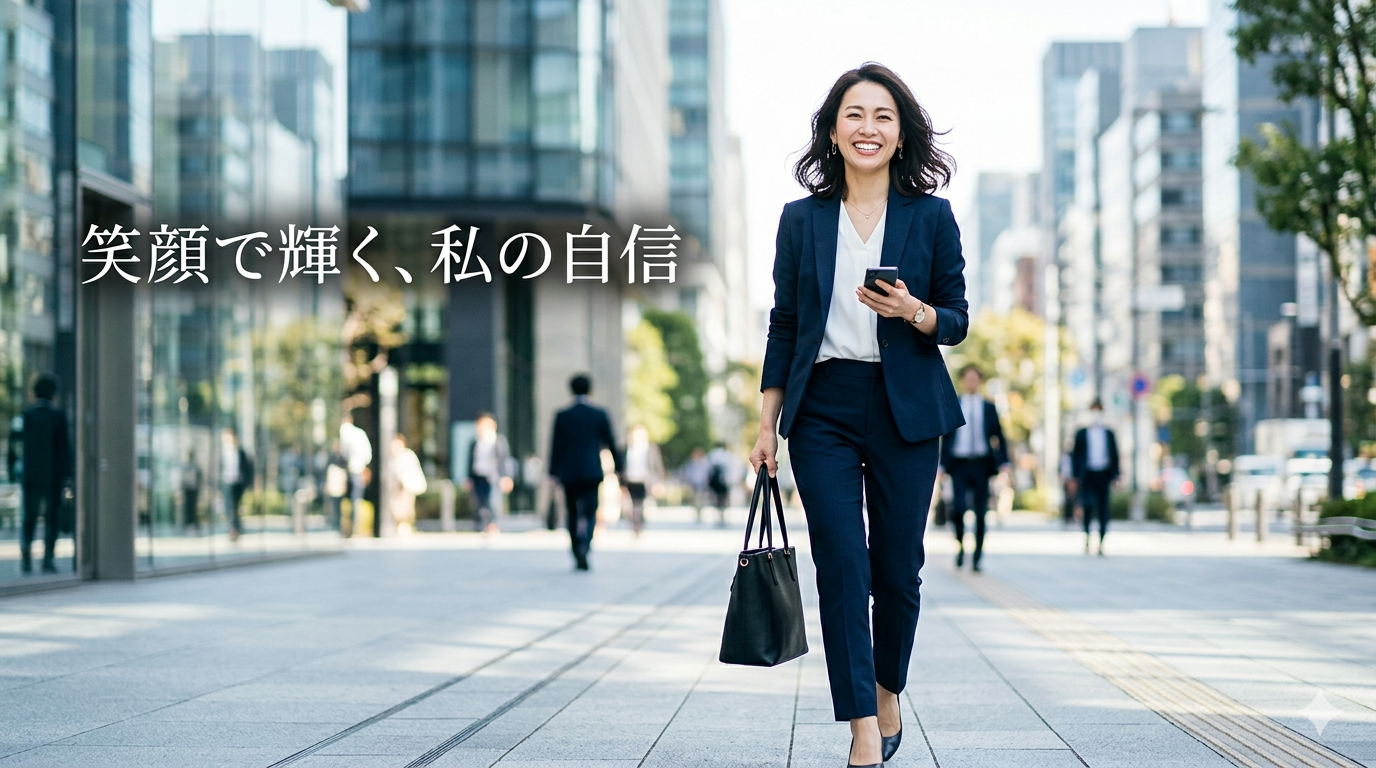都会のビジネス街を自信に満ちた白い歯の笑顔で颯爽と歩く、ネイビーのスーツを着た40代の日本人ビジネス女性