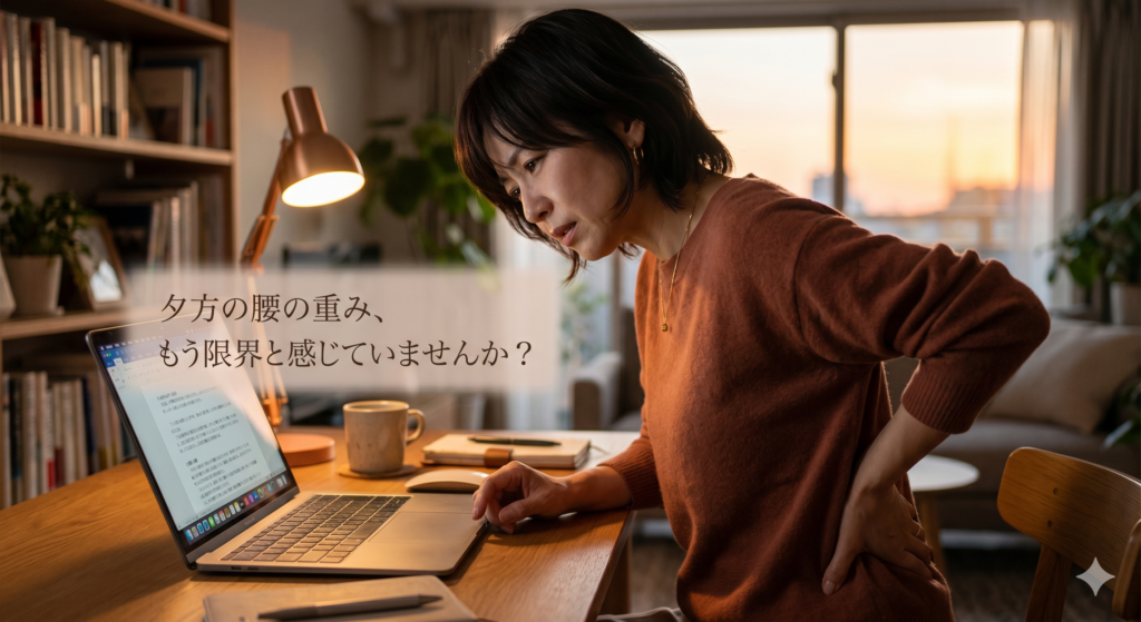 夕暮れ時のデスクで、腰の痛みに顔をしかめながらPC作業を続ける40代女性。姿勢が崩れ、長時間のデスクワークによる疲労が溜まっている様子。