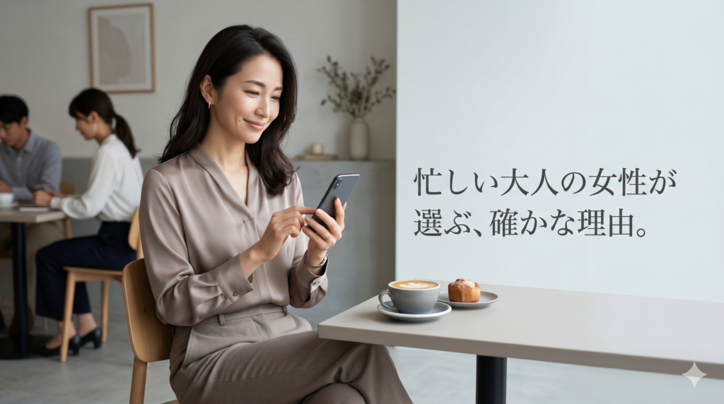 洗練されたカフェでリラックスしながら、スマートフォンを見つめ、満足そうに微笑むエレガントな40代日本人女性の画像。「忙しい大人の女性が選ぶ、確かな理由。」という日本語明朝体テキストが追加されている。テーブルにはコーヒーカップがある。