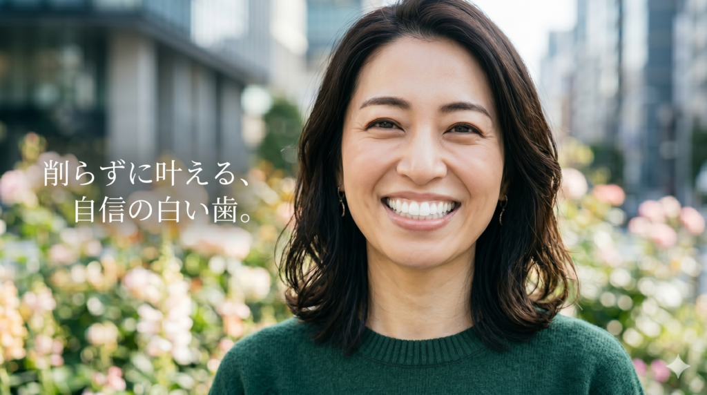 都會の洗練された公園で、ネイビーのブラウスを着た40代の日本人ビジネス女性が、自信に満ちた白く輝く歯の笑顔を見せている。自然光の中でのズームアップショット。