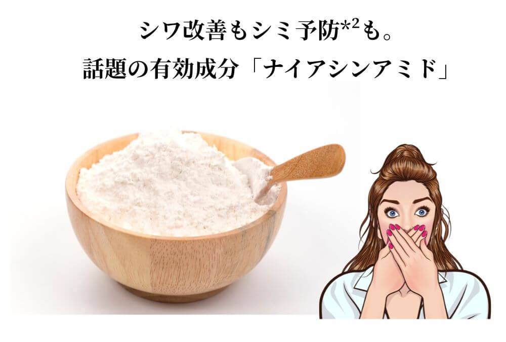 シワ改善とシミ予防に効果的な有効成分「ナイアシンアミド」の白い粉末。