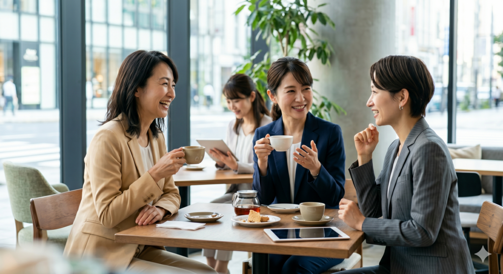 カフェのテーブル席でコーヒーやお茶を飲みながら笑顔で談笑する、スーツ姿の40代ビジネス女性たち(リアルな評判・口コミまとめのイメージ)