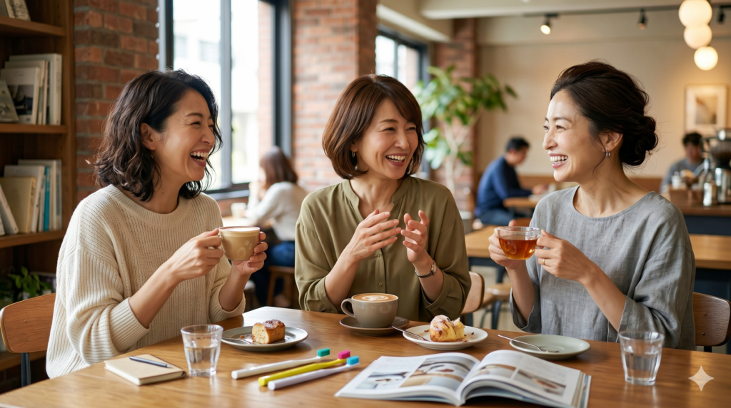 明るくおしゃれなカフェのテーブル席で、3人の40代の美しい女性たちがコーヒーや紅茶を飲みながら、笑顔で楽しそうに会話をしている写真。手前のテーブルの上には、カラフルな「クラプロックス」の歯ブラシやライフスタイル雑誌、ノートが広げられている様子。