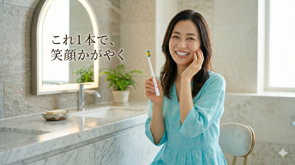 「これ1本で、笑顔かがやく」という文字が入った画像。明るい薄い水色のワンピースを着た40代の美しい女性(他の画像とは異なる女性)が、洗面所でスイス発の機能性歯ブラシ「クラプロックス」を手に持ち、綺麗な白い歯で上品に笑っている写真。
