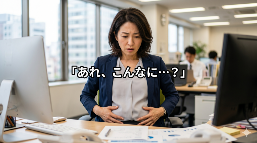 オフィスのデスクで、パソコンを前に自分のぽっこりお腹を両手で触りながら、ショックと不安の表情を浮かべる40代の働く日本人女性。「あれ、こんなに…?」というキャッチコピーが中央に入っている。