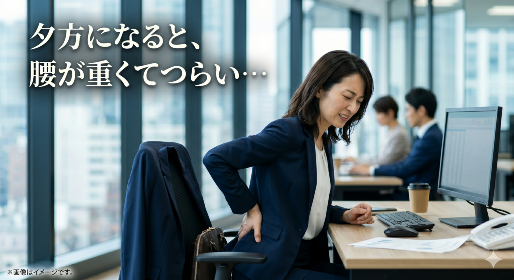 オフィスでパソコンの前に座り、夕方に腰の痛みを堪えて顔をしかめる40代女性のイラスト
