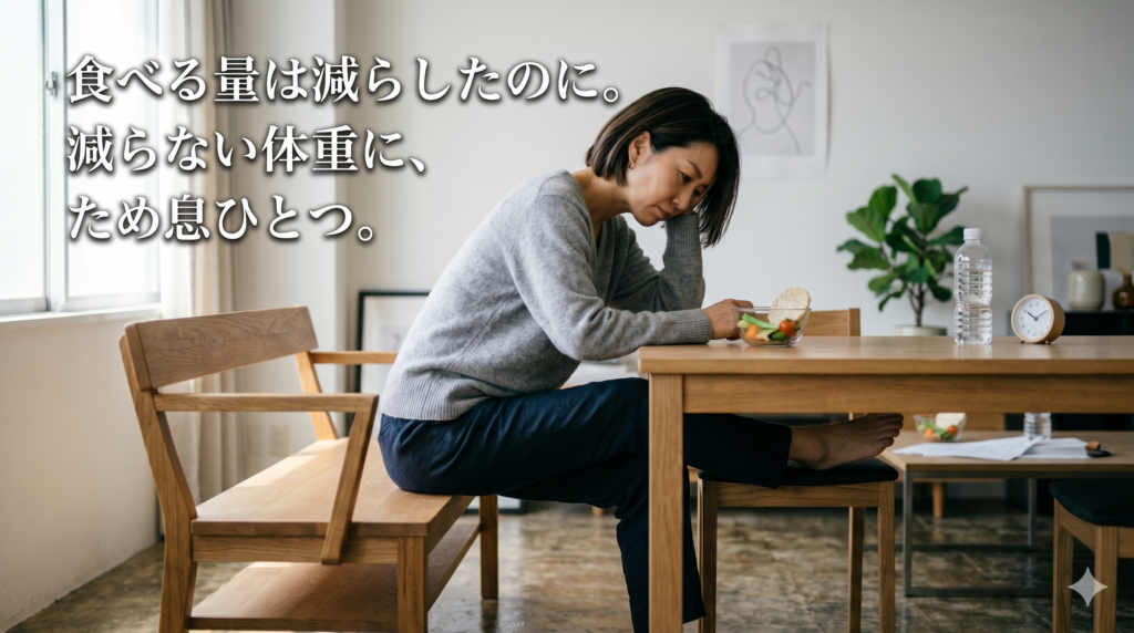 ダイエット中なのに体重が減らずに食卓でため息をつく40代女性の写真。画像内に「食べる量は減らしたのに。減らない体重に、ため息ひとつ。」というキャッチフレーズのテキスト入り