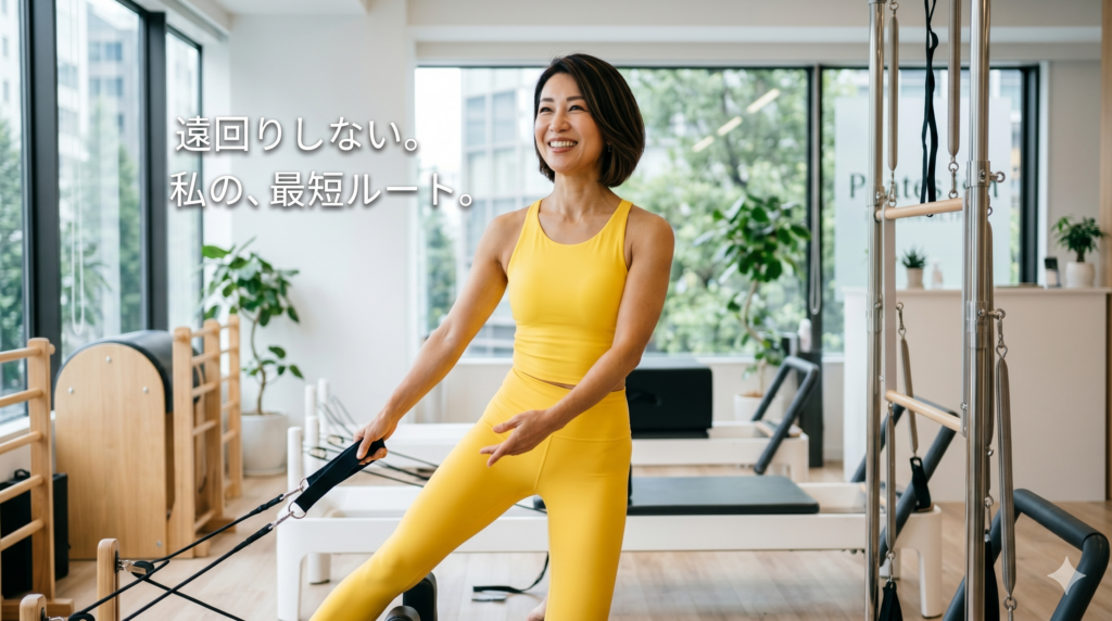 明るく開放的なピラティススタジオで、黄色のトレーニングウェアを着て笑顔で爽やかにマシンピラティスに取り組む40代女性の写真。画像内に「遠回りしない。私の、最短ルート。」というキャッチフレーズのテキスト入り