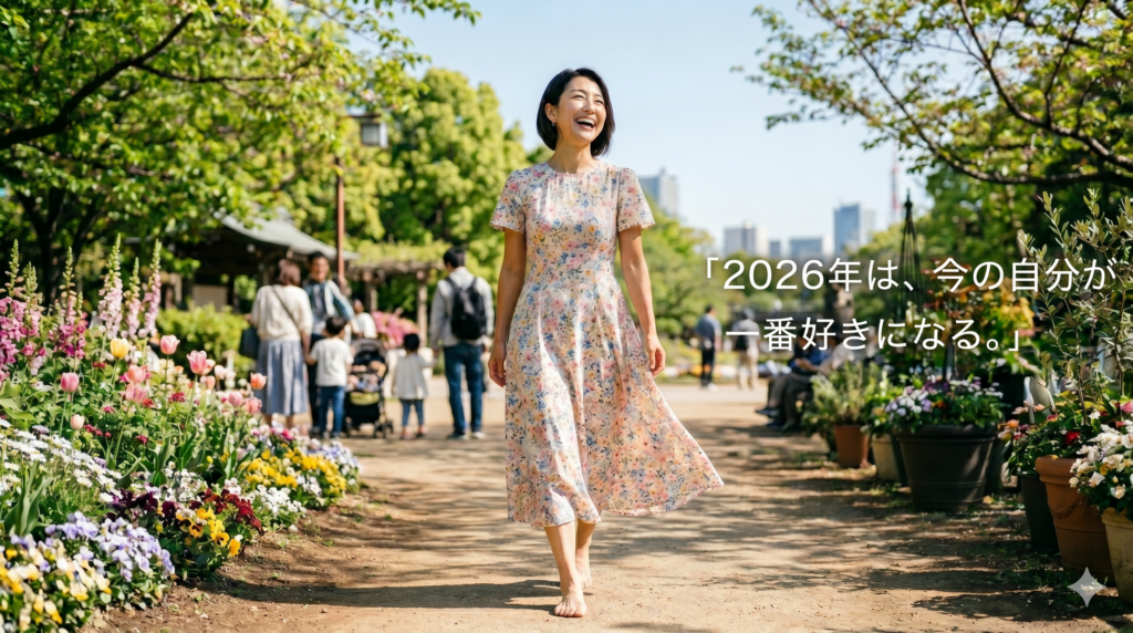 花柄の半袖ワンピースを綺麗に着こなした40代の日本人女性が、晴れやかな笑顔で緑豊かな公園の遊歩道を歩いている写真。画像内に「2026年は、今の自分が一番好きになる。」というキャッチフレーズのテキスト入り
