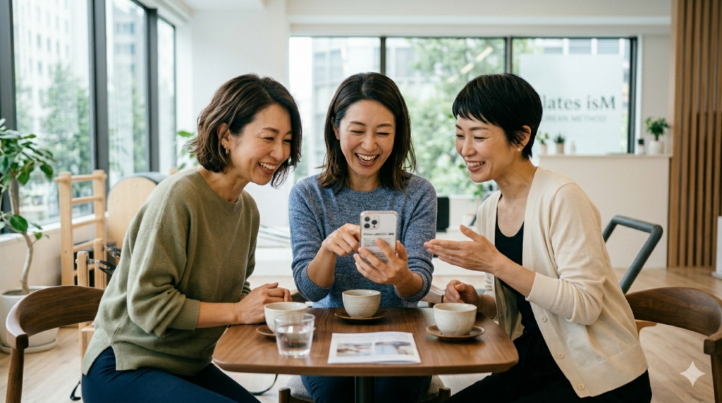 明るいカフェで、これまでの画像とは異なる3人の40代日本人女性が、1台のスマートフォンを仲良く見つめながら、楽しそうに会話を弾ませている様子の写真