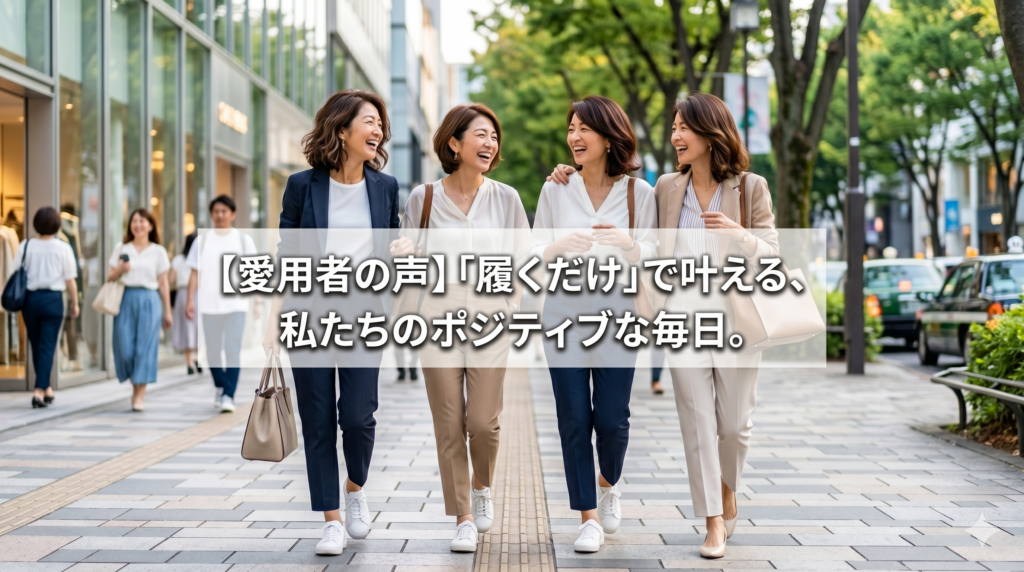 洗練された都会の街並みを、笑顔で仲良く並んで歩く40代の美しい日本人女性4人グループ。オフィスカジュアルをスマートに着こなし、生き生きとした表情を見せている。中央に「【愛用者の声】「履くだけ」で叶える、私たちのポジティブな毎日。」というキャッチコピーが入っている。