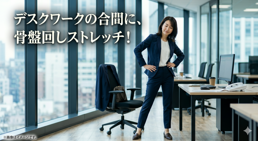 オフィスのデスクの横に立ち、両手を腰に当てて骨盤を回すストレッチを行うスーツ姿の40代女性