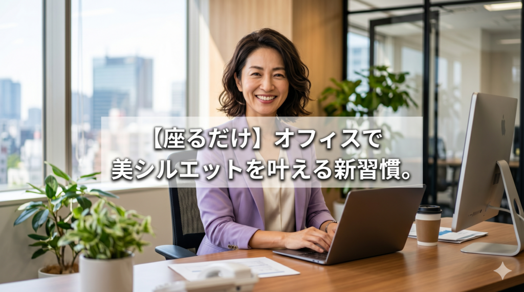 明るいオフィスで、パープルのジャケットを着て背筋をピンと伸ばし、笑顔でパソコン入稿やデスクワークを行う若々しい40代の日本人女性。中央に「【座るだけ】オフィスで美シルエットを叶える新習慣。」というキャッチコピーが入っている。