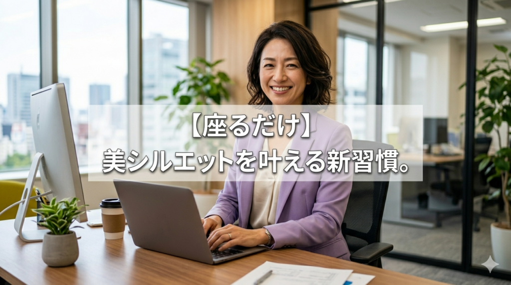 明るいオフィスで、パープルのジャケットを着用した40代の美しい日本人女性が、正しい姿勢で背筋を伸ばし、笑顔でノートパソコンを操作している姿。中央には「【座るだけ】オフィスで美シルエットを叶える新習慣。」という白い文字のキャッチコピーが入っている。